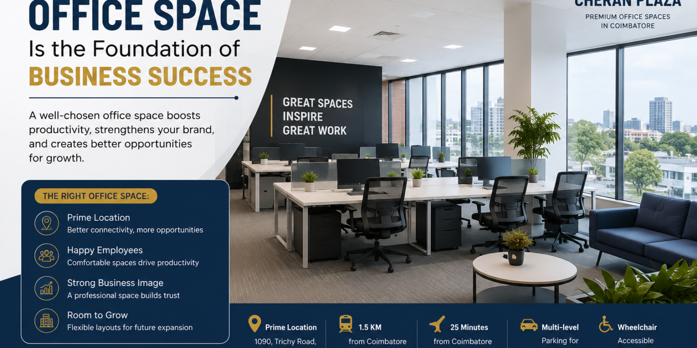 Modern premium office space in Coimbatore at Cheran Plaza showcasing professional workspaces, flexible office layouts, and business-friendly infrastructure.