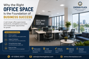 Modern premium office space in Coimbatore at Cheran Plaza showcasing professional workspaces, flexible office layouts, and business-friendly infrastructure.