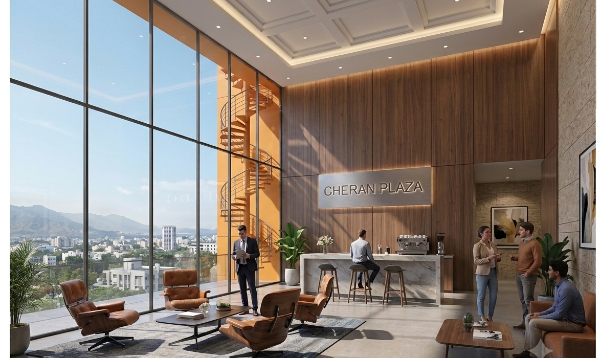 Modern Grade-A corporate office lobby interior at Cheran Plaza on Trichy Road, Coimbatore, featuring double-height floor-to-ceiling glass windows, premium wood paneling, and executive lounge seating.